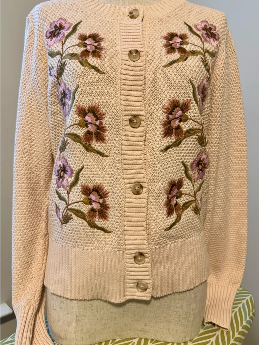Spartina 449 Cream Cardigan with Pink and Brown Floral Embroidery